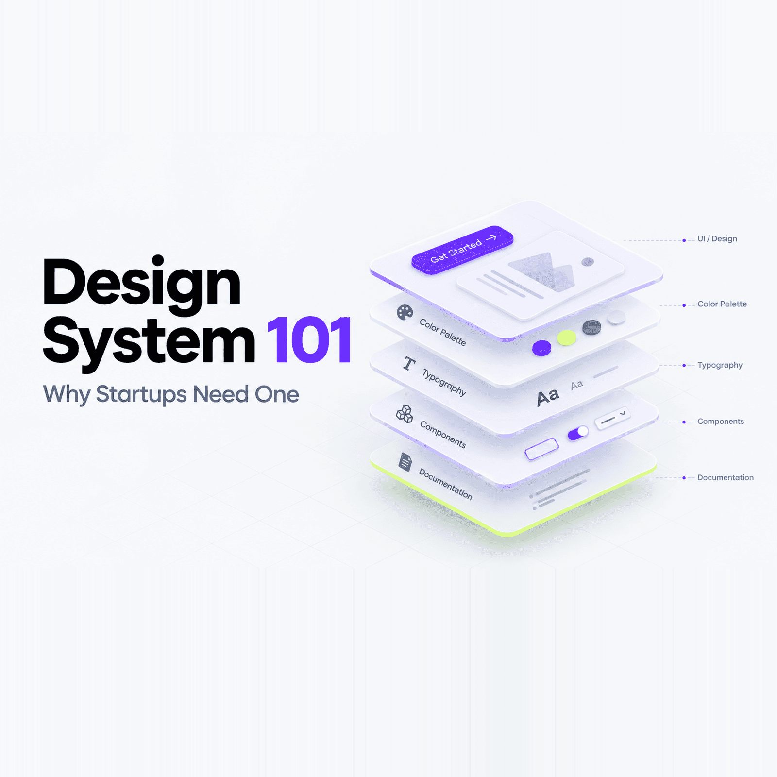 Design system 101 illustration showing design tokens, reusable UI components, and documentation for building consistent digital products